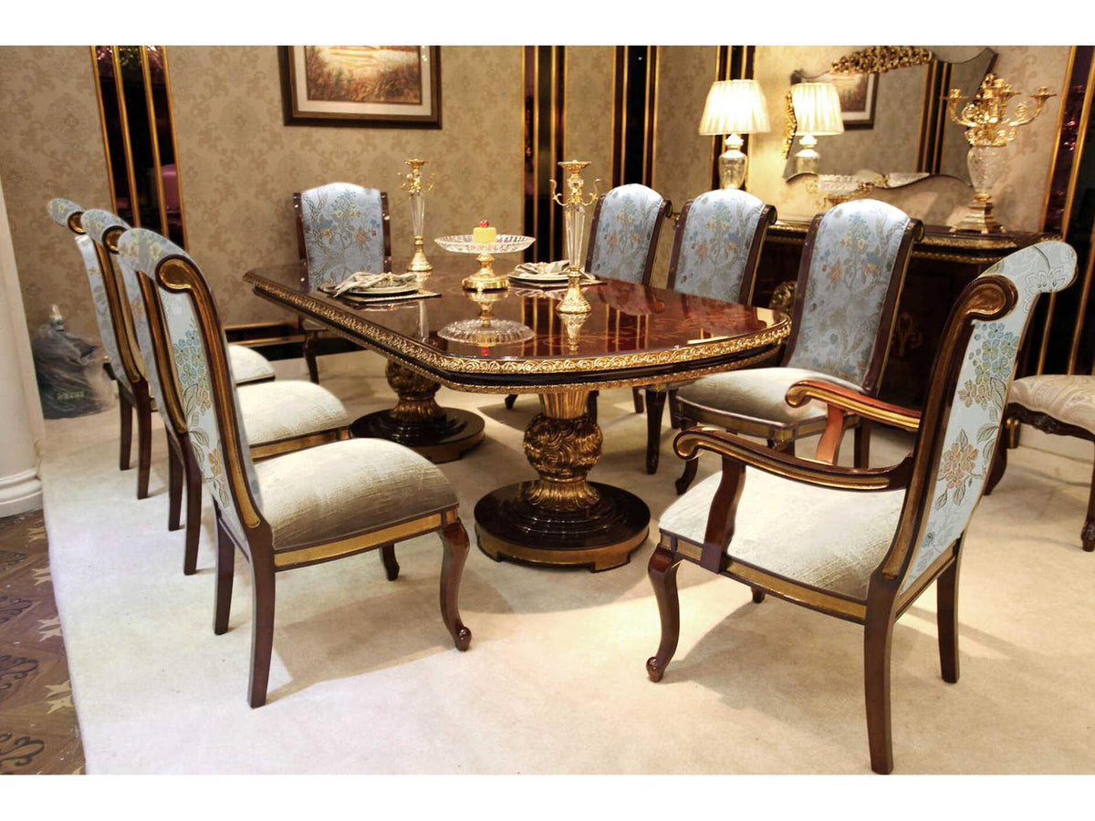 E-63 Rectangular Wood Dining Table in Walnut with Gold Accents