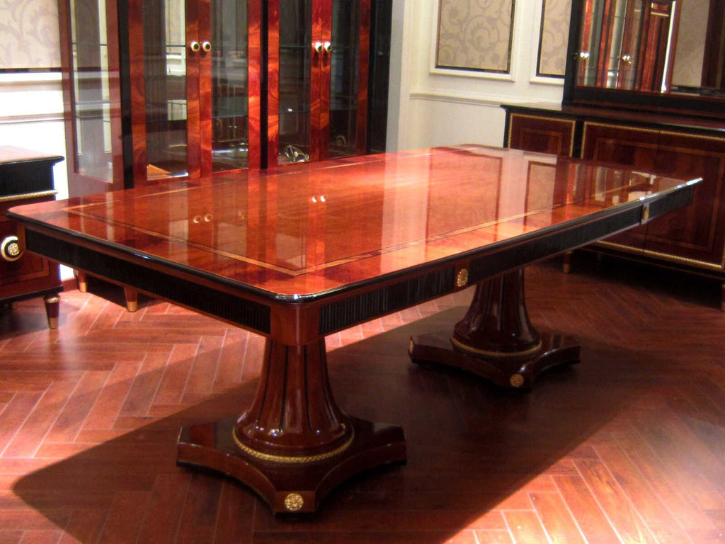 E-68 Rectangular Glass Dining Table with Ornate Wood Base