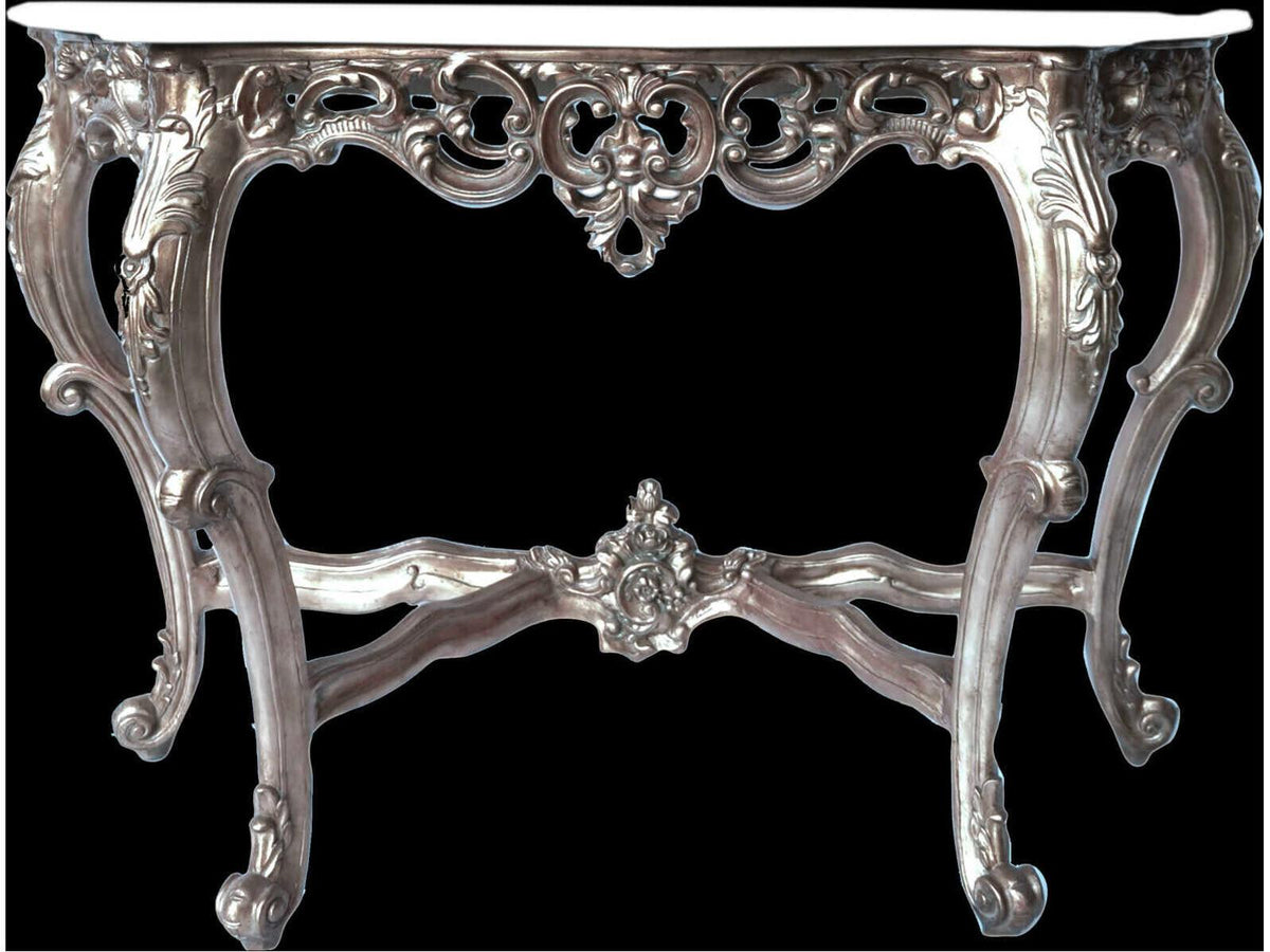 Fon Rectangular Marble Console Table with Silver Finish