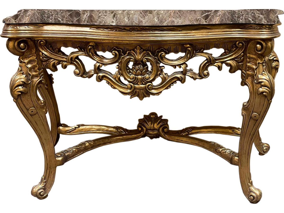 Fon Demilune Console Table with Brown Marble Top and Antique Gold Base