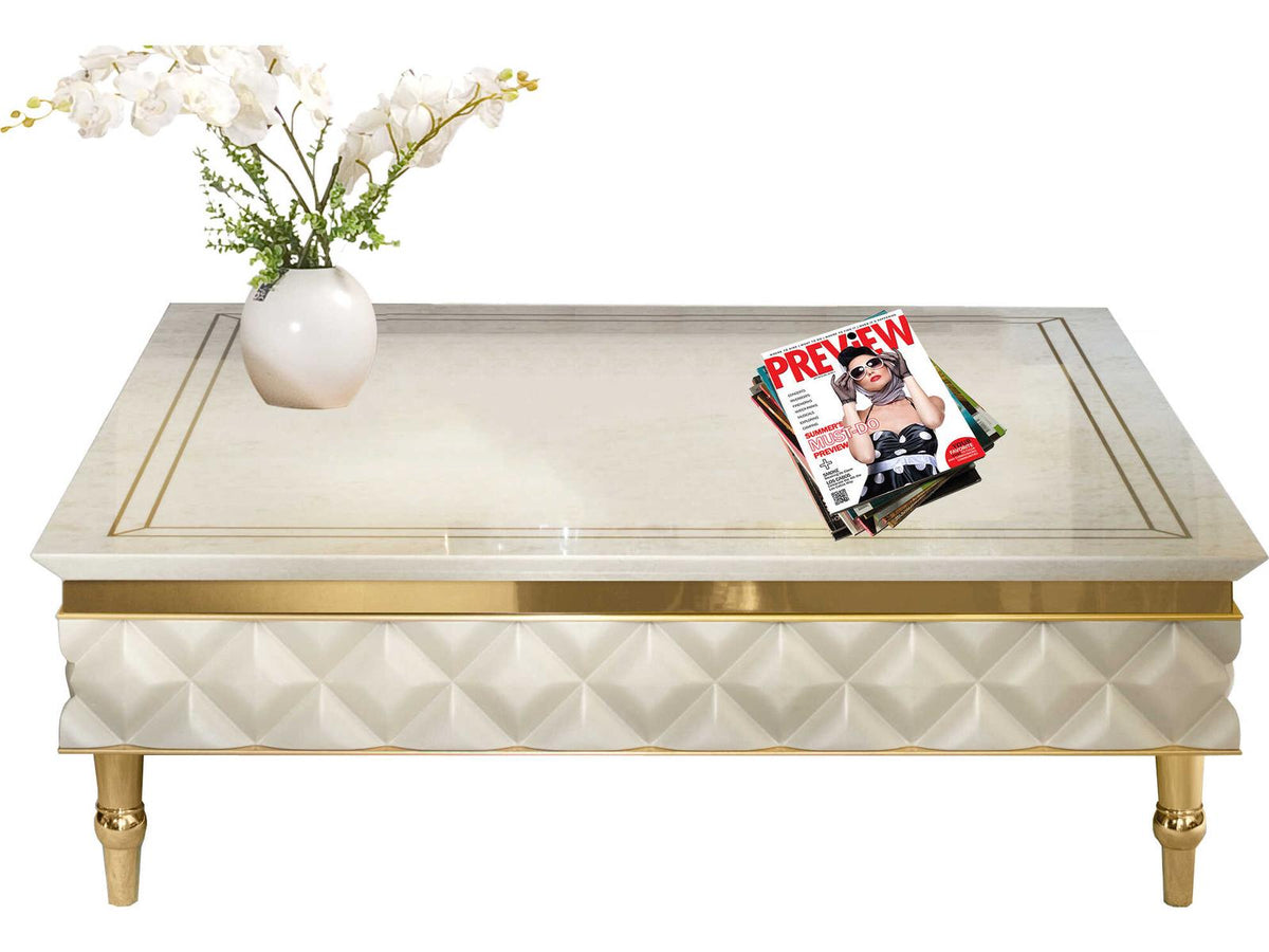 Lux-809 Rectangular Glass Coffee Table Off-White and Gold