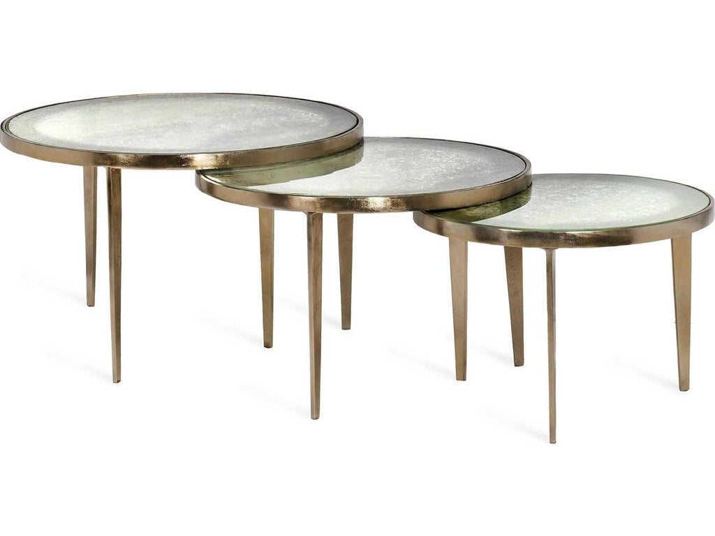 Jan Round Bunching Coffee Tables with Champagne Base and Taupe Grey Reactive Glass