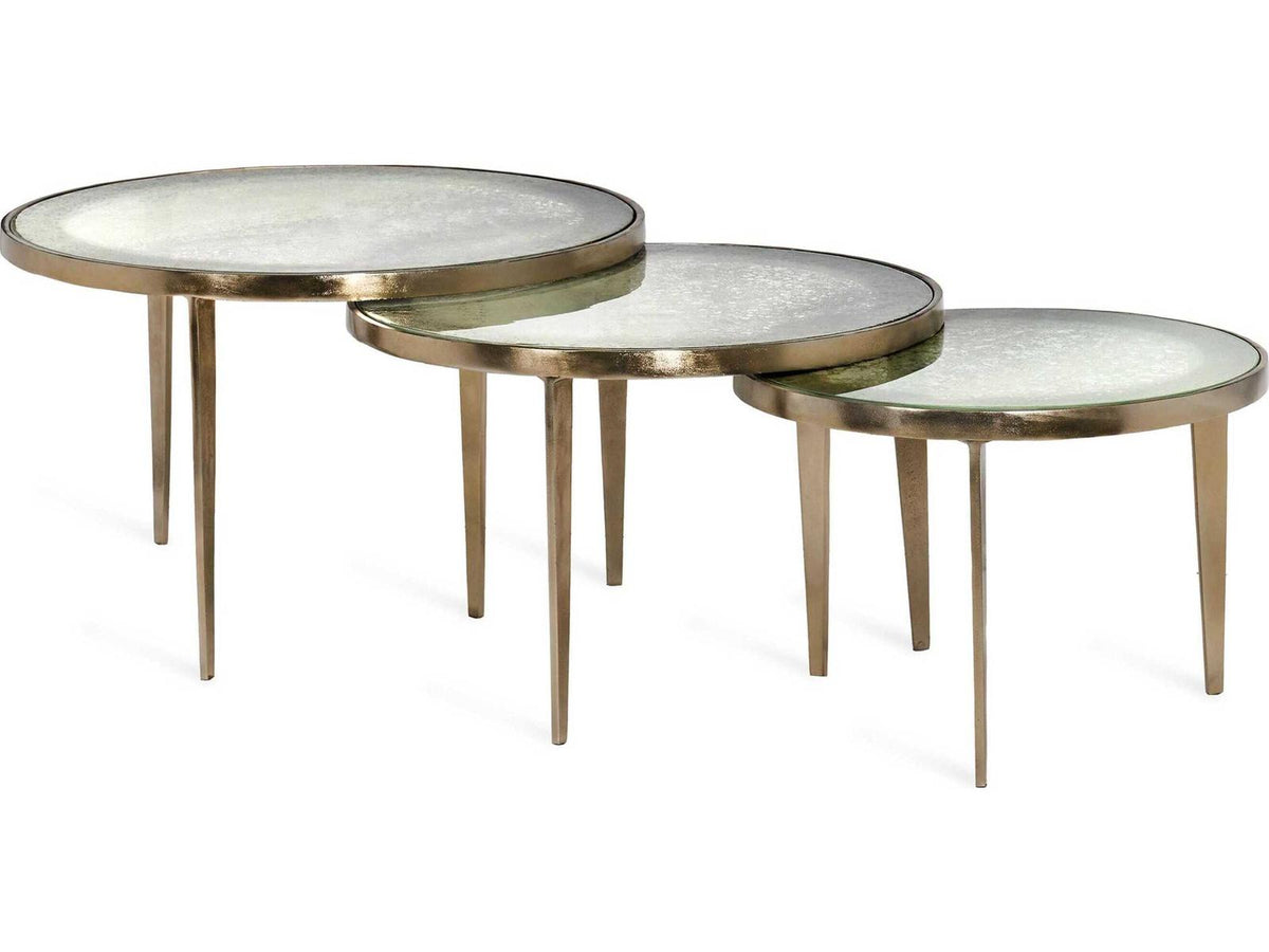 Jan Round Bunching Coffee Tables with Champagne Base and Taupe Grey Reactive Glass