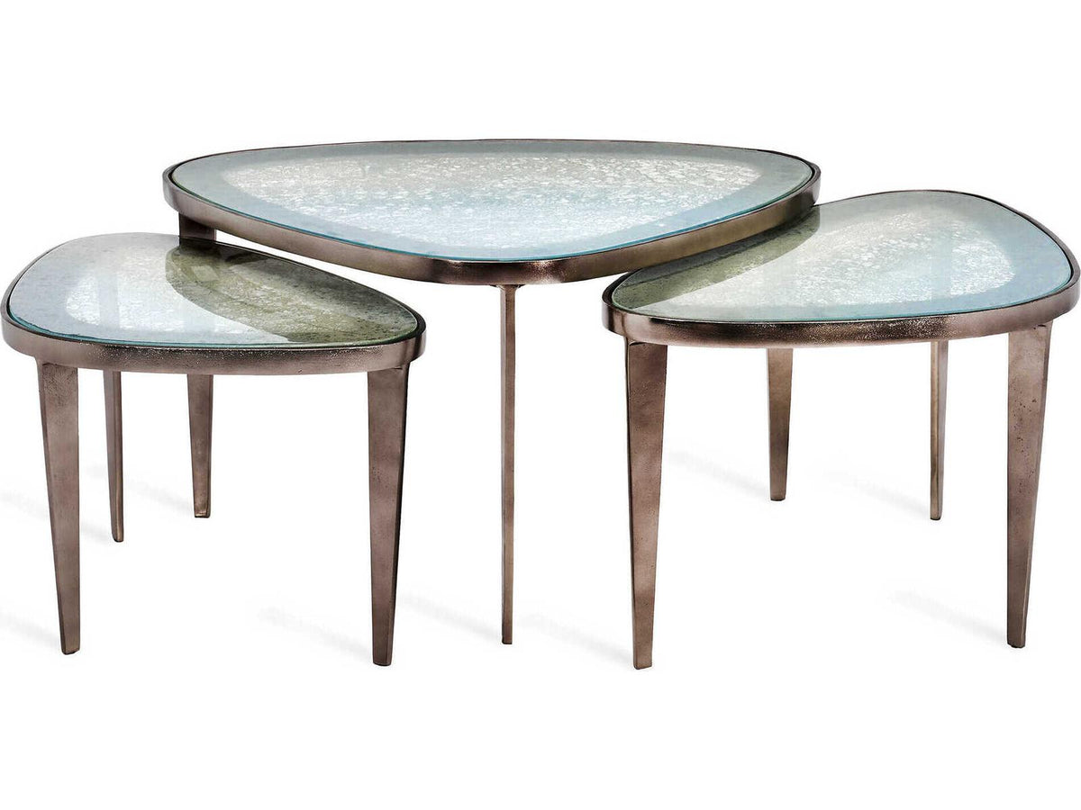 Jan Bunching Antique Nickel Blue Grey Reactive Glass Coffee Tables