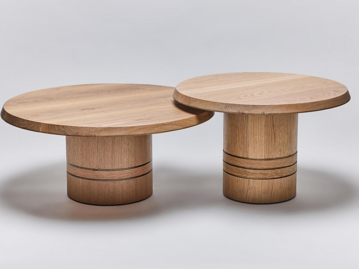Hunt Bunching Round Oak Coffee Tables in Simply Natural and Classic Bronze