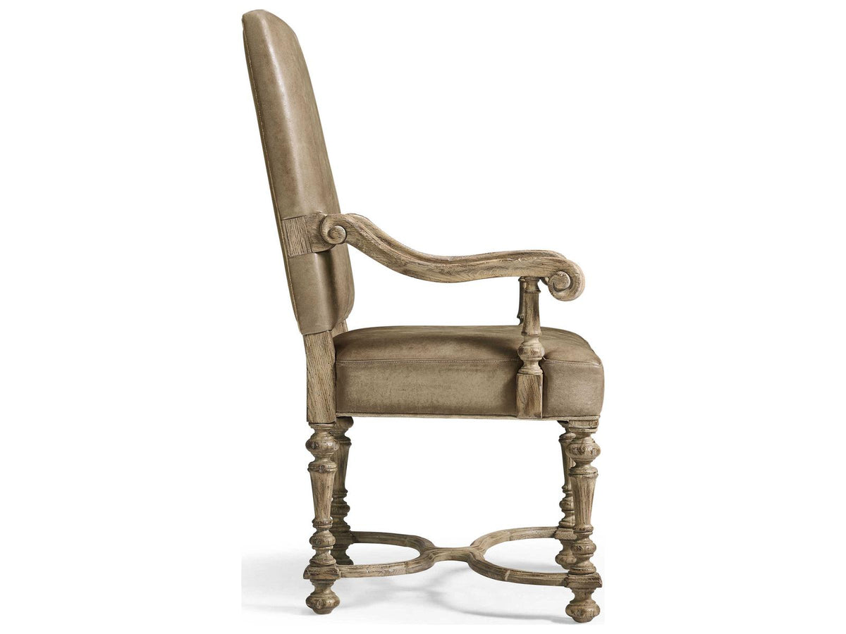 Sagehill Oak Wood Brown Leather Arm Dining Chair