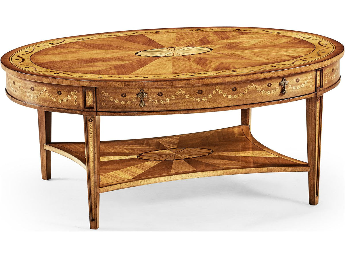 JC Traditional Oval Satinwood Coffee Table with Marquetry Inlays
