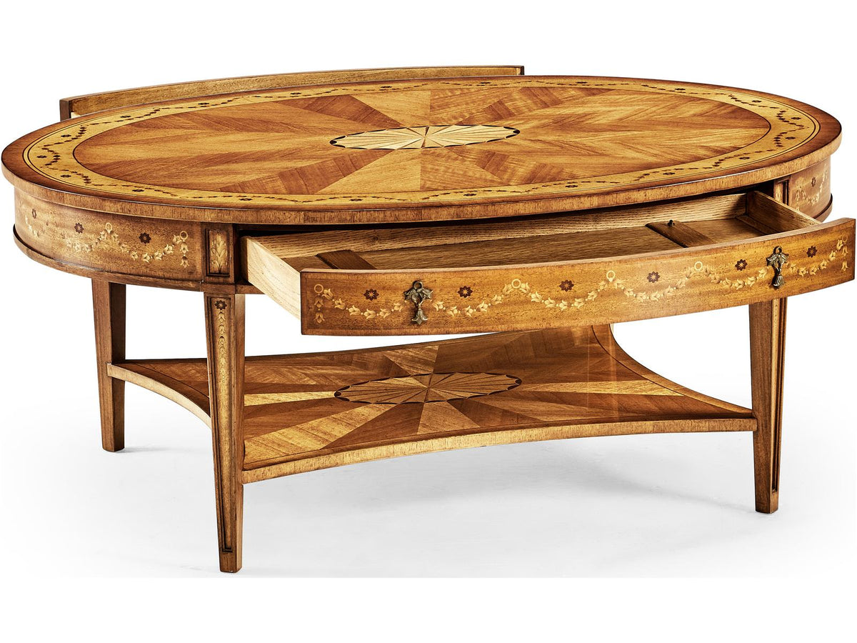 JC Traditional Oval Satinwood Coffee Table with Marquetry Inlays