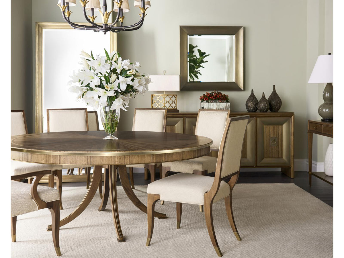 Hamilton Round Dining Table in Golden Amber Paldao Veneer and Brass