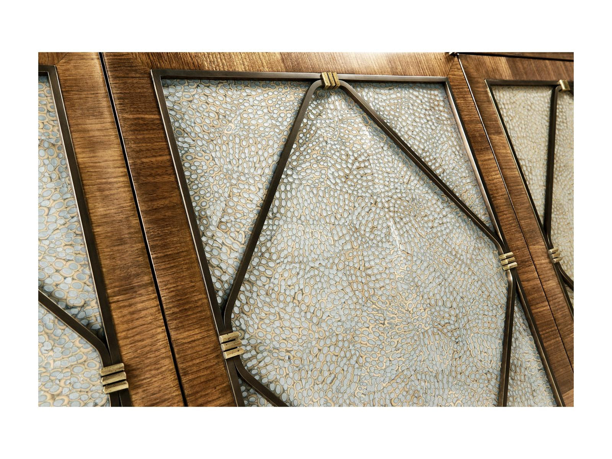 Toulouse Walnut Wood Media Console with Duck Eggshell Inlay
