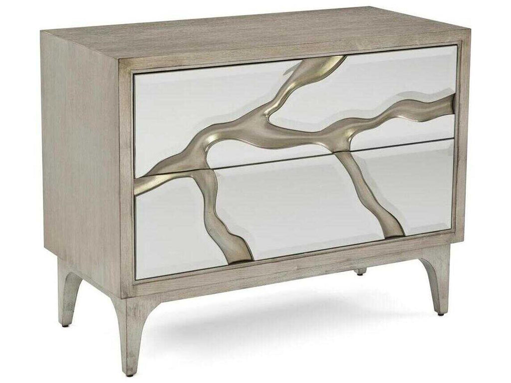 Revne Two-Drawer Nightstand with Mirror Fronts and Silver Leafed Oak Base