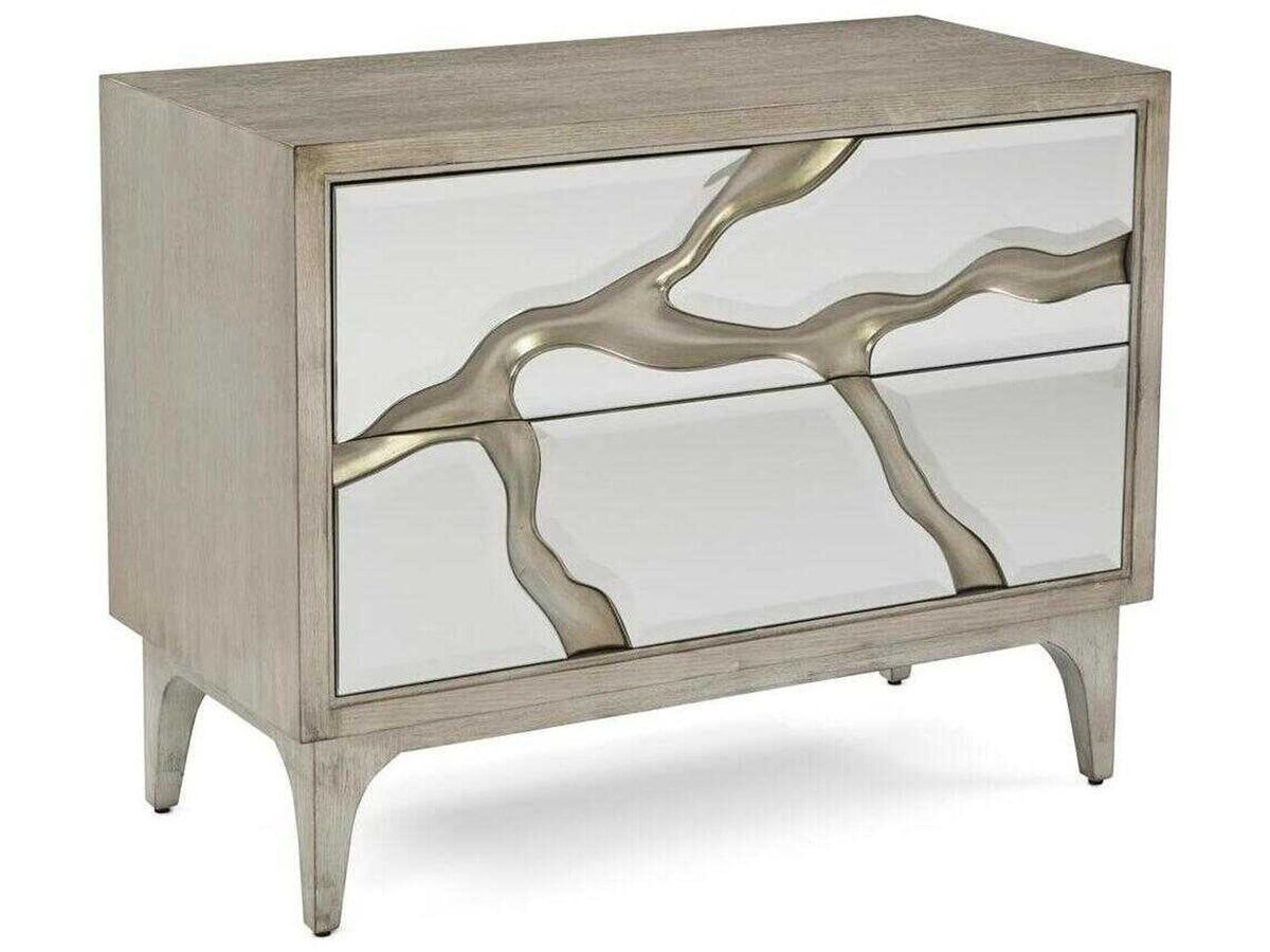 Revne Two-Drawer Nightstand with Mirror Fronts and Silver Leafed Oak Base