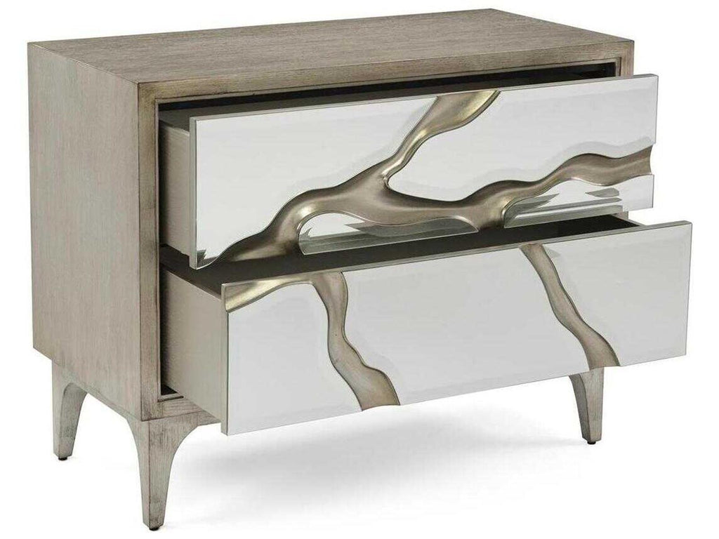 Revne Two-Drawer Nightstand with Mirror Fronts and Silver Leafed Oak Base