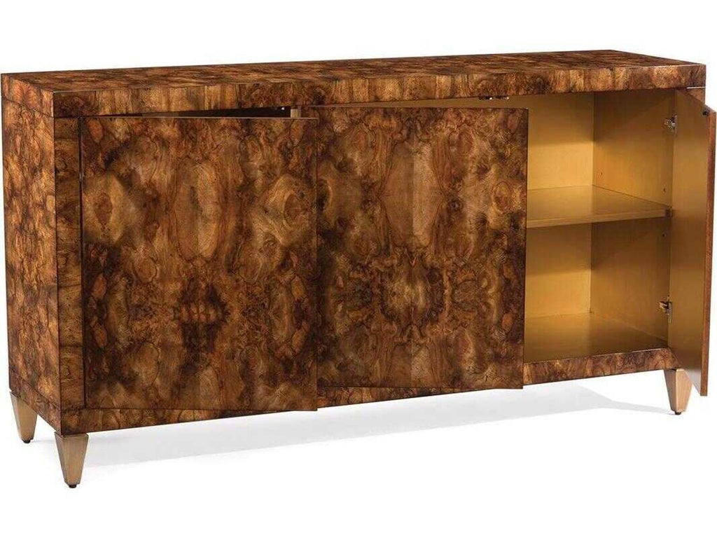 Woodcroft Three-Door Sideboard with European Walnut Burl and Aztec Gold Legs