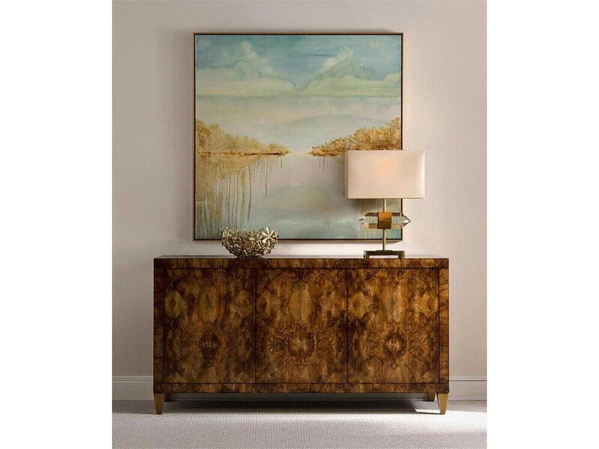Woodcroft Three-Door Sideboard with European Walnut Burl and Aztec Gold Legs