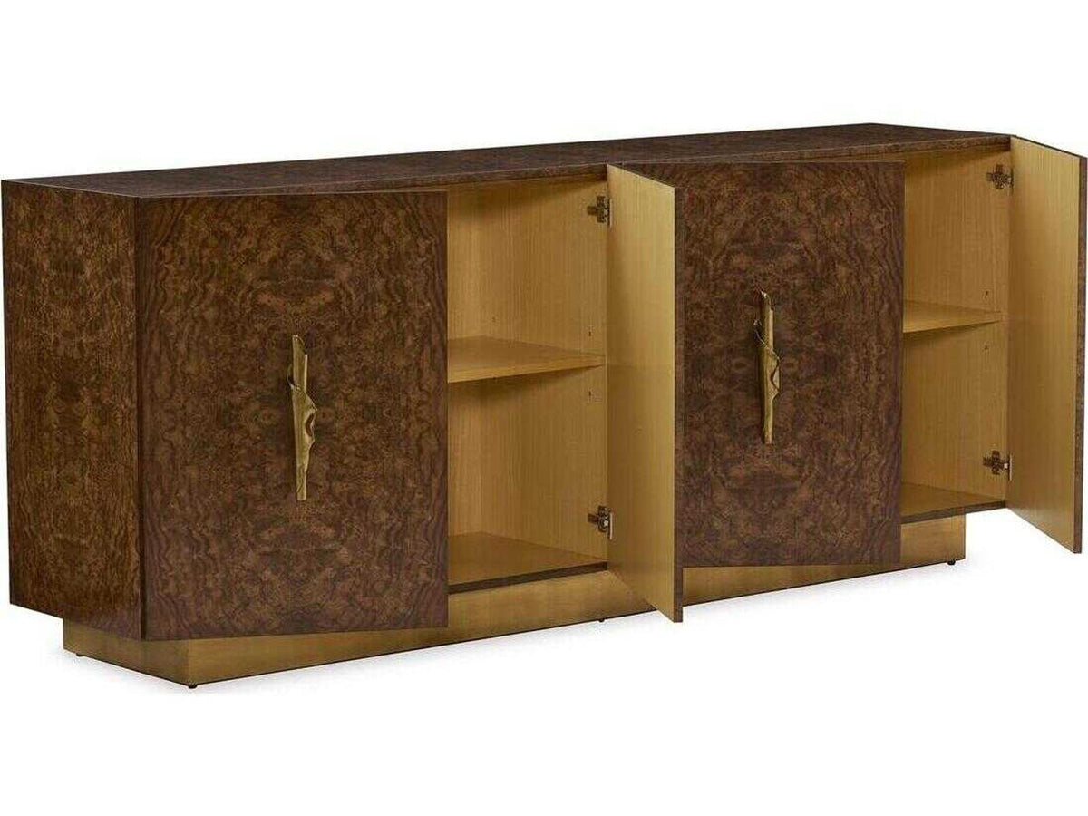 Torino 95 Inch 4-Door Walnut Wood Sideboard in Brown with Gold Accents