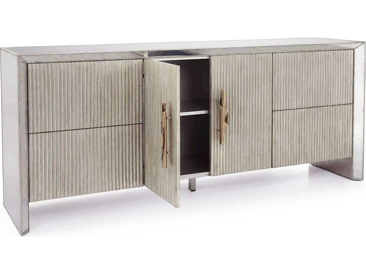 Moon Shadow Oak Wood Sideboard with Mirrored Glass and Fluted Drawers