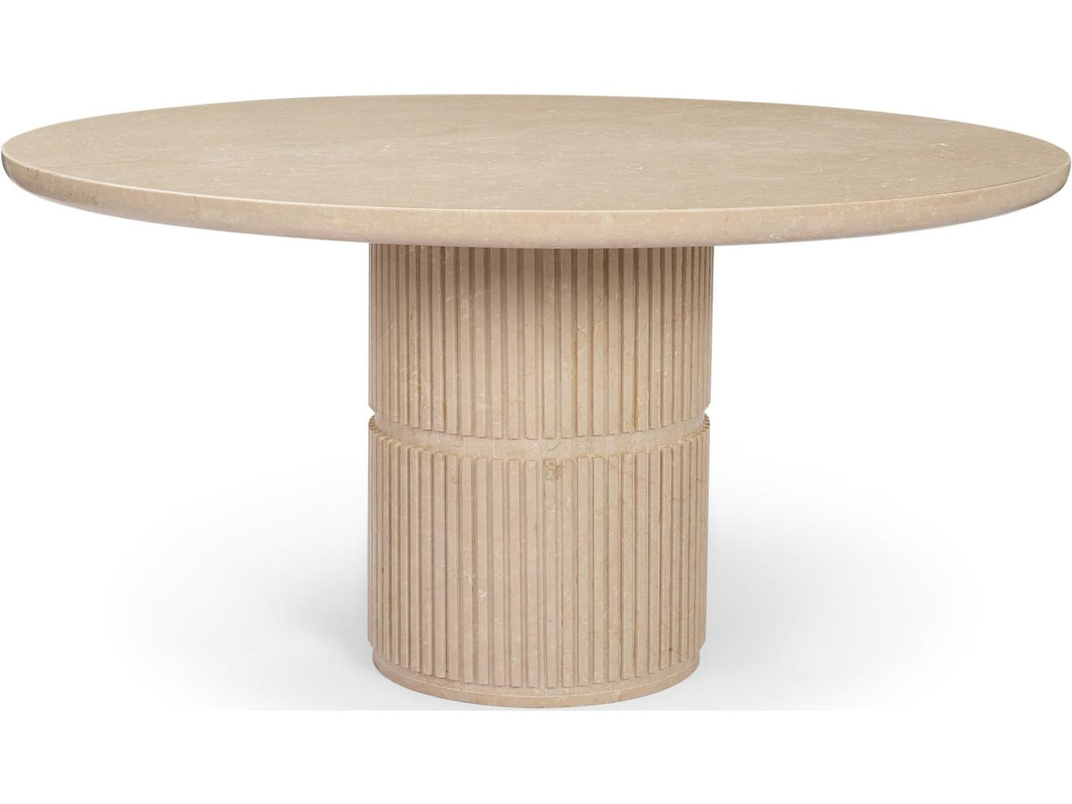 Mercana Sorrano 59 Botticino Marble Round w/ Fluted Base Dining Table,"<div class="flex-col">
<span class="font-semibold">Features</span><ul>
<li class="text-sm"><div>59.0L x 59.0W x 30.5H</div></li>
<li class="text-sm"><div>Crafted from Botticino marble