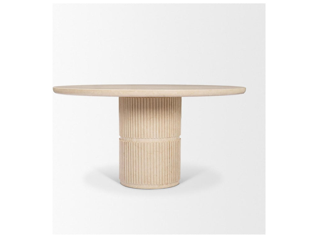 Mercana Sorrano 59 Botticino Marble Round w/ Fluted Base Dining Table,"<div class="flex-col">
<span class="font-semibold">Features</span><ul>
<li class="text-sm"><div>59.0L x 59.0W x 30.5H</div></li>
<li class="text-sm"><div>Crafted from Botticino marble