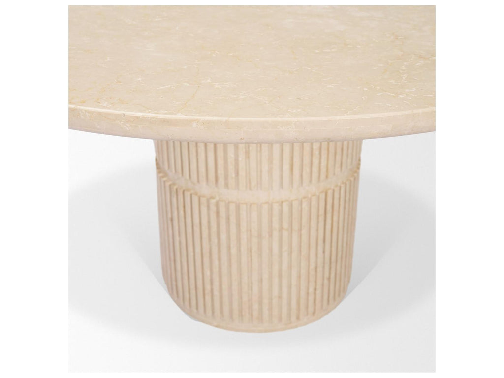 Mercana Sorrano 59 Botticino Marble Round w/ Fluted Base Dining Table,"<div class="flex-col">
<span class="font-semibold">Features</span><ul>
<li class="text-sm"><div>59.0L x 59.0W x 30.5H</div></li>
<li class="text-sm"><div>Crafted from Botticino marble