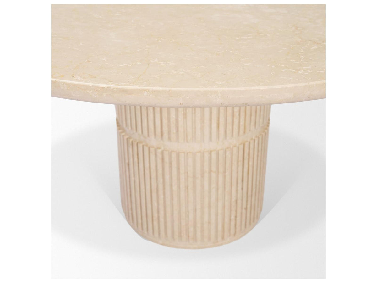 Mercana Sorrano 59 Botticino Marble Round w/ Fluted Base Dining Table,"<div class="flex-col">
<span class="font-semibold">Features</span><ul>
<li class="text-sm"><div>59.0L x 59.0W x 30.5H</div></li>
<li class="text-sm"><div>Crafted from Botticino marble