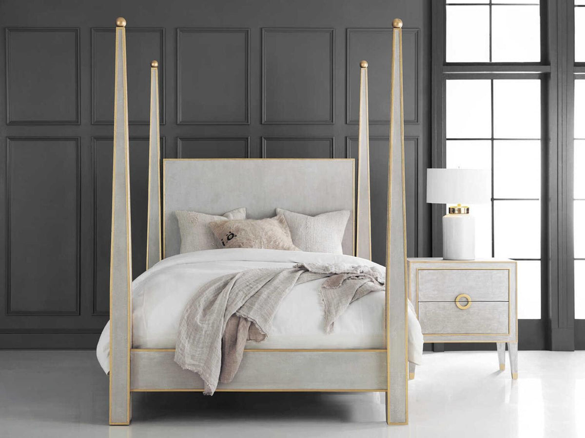 Gustavian Queen Four Poster Bed in Antique Grey with Gold Leaf Accents