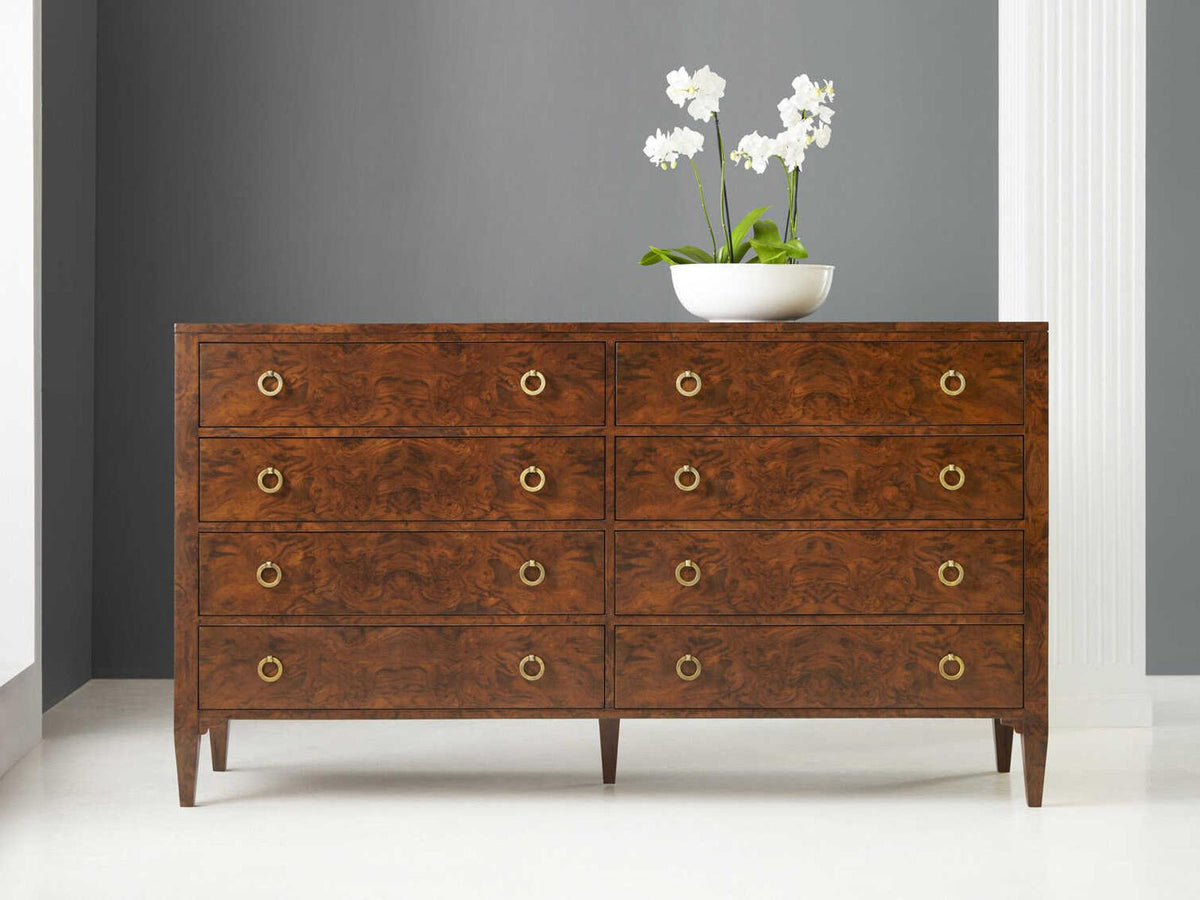 Walnut Brown Burlwood Double Dresser with Antique Brass Hardware