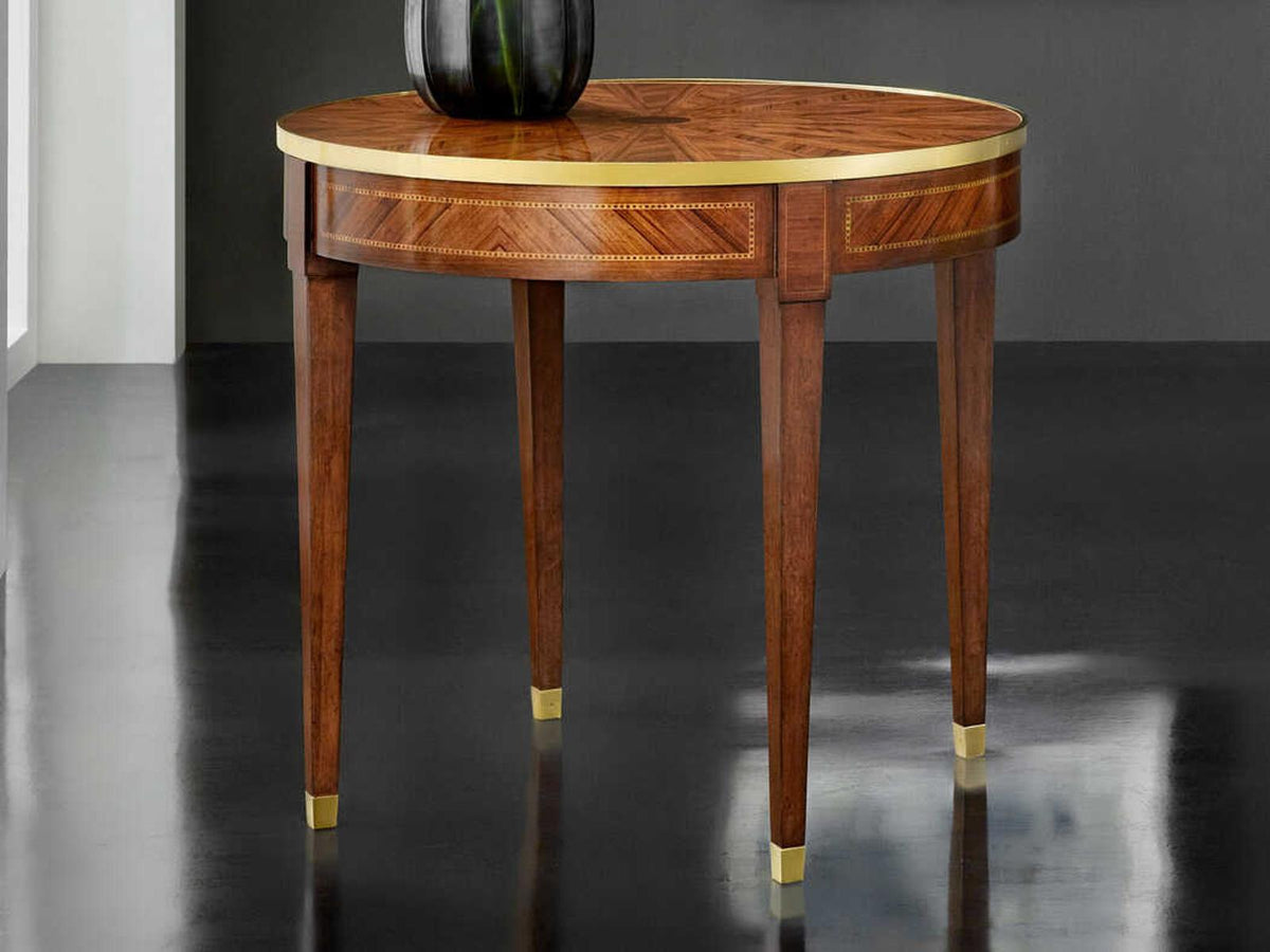 Round Wood End Table with Polished Brass Banding