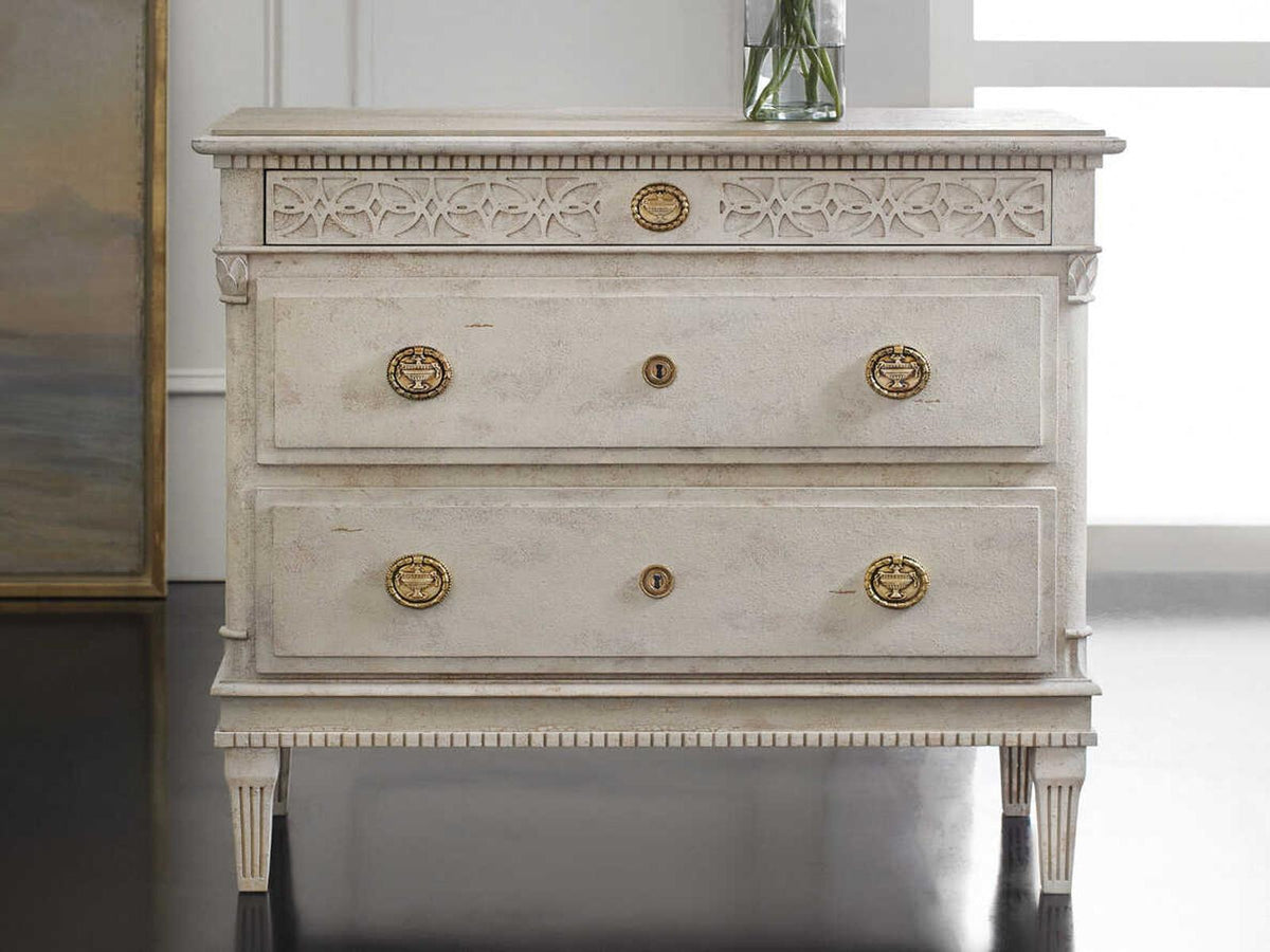 Gustavian 2-Drawer White Nightstand with Antique Brass Hardware