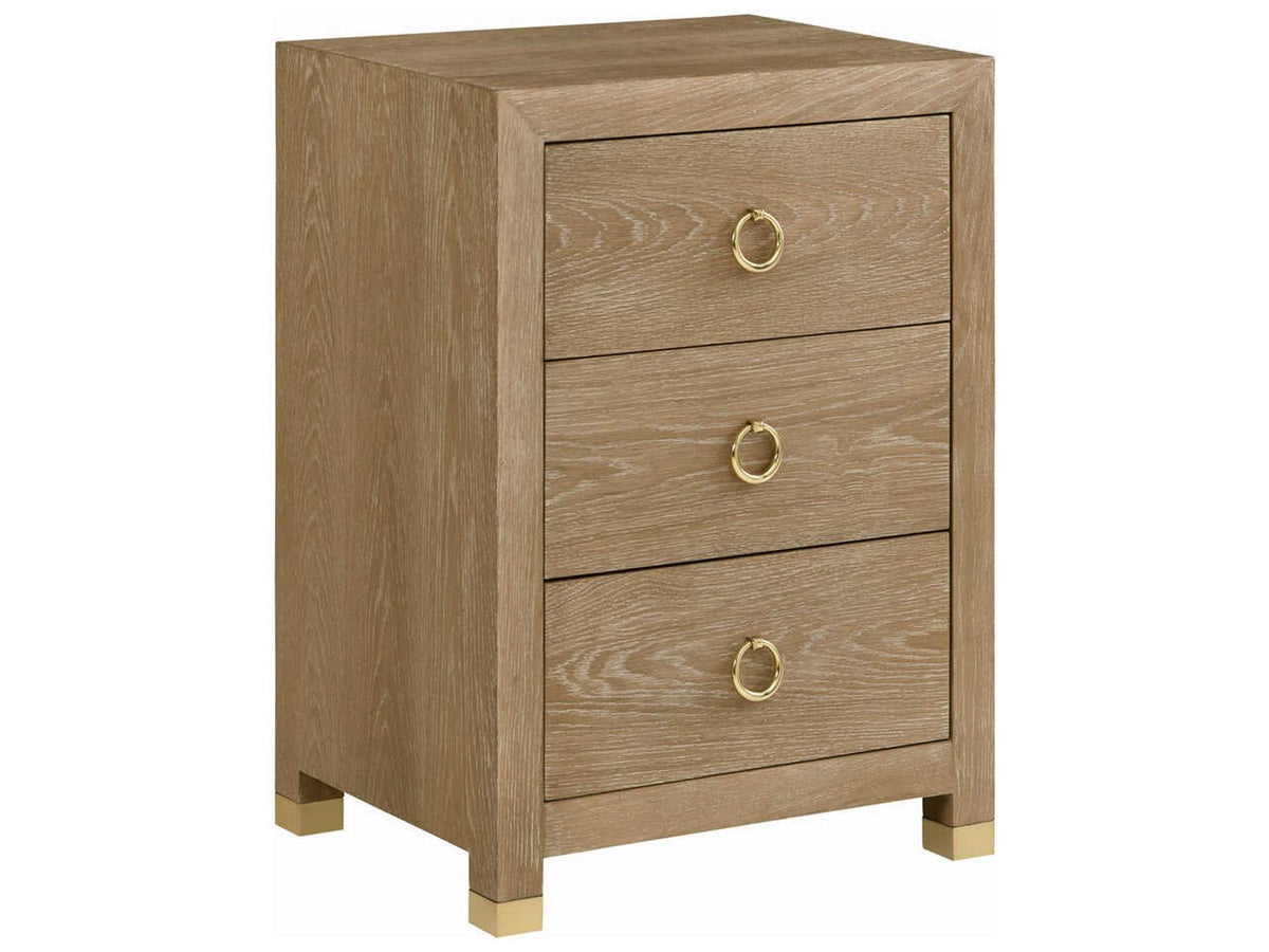 Ventura 3-Drawers Beige Oak Wood Nightstand with Brass Accents