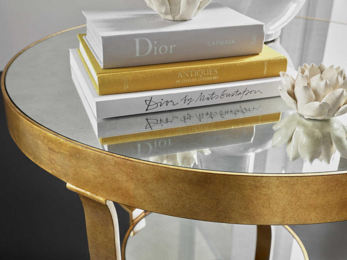 Gueridon Round Mirror End Table with Gold Forged Iron