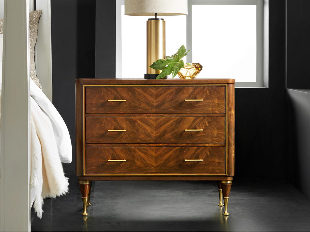Walnut Swirl 3-Drawer Nightstand with Brass Hardware