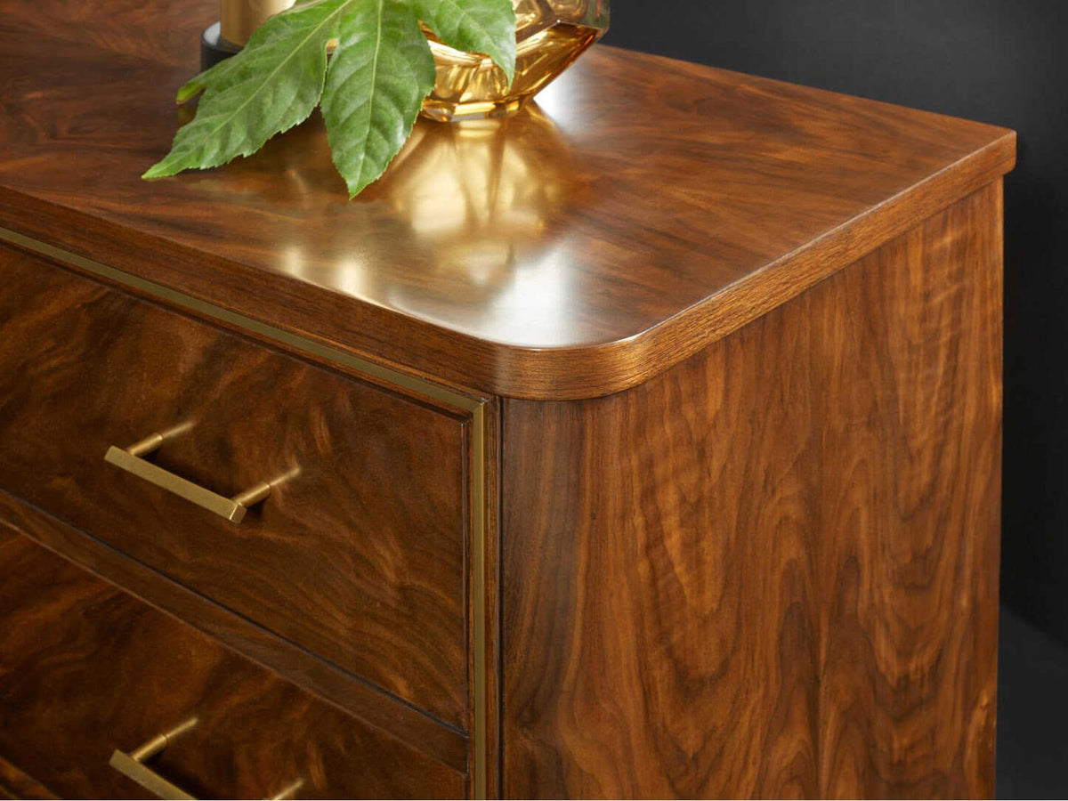 Walnut Swirl 3-Drawer Nightstand with Brass Hardware