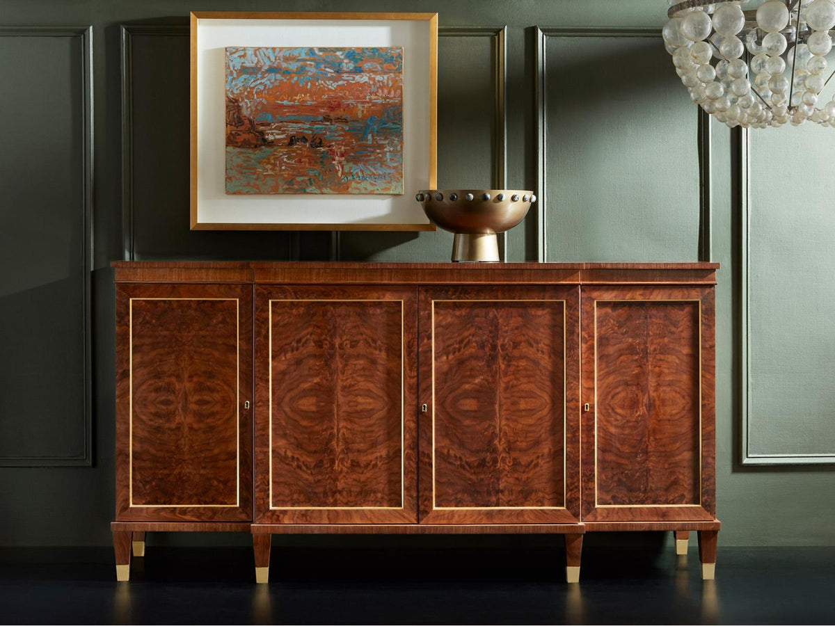 76-Inch Walnut Wood Breakfront Cabinet with Brass Accents