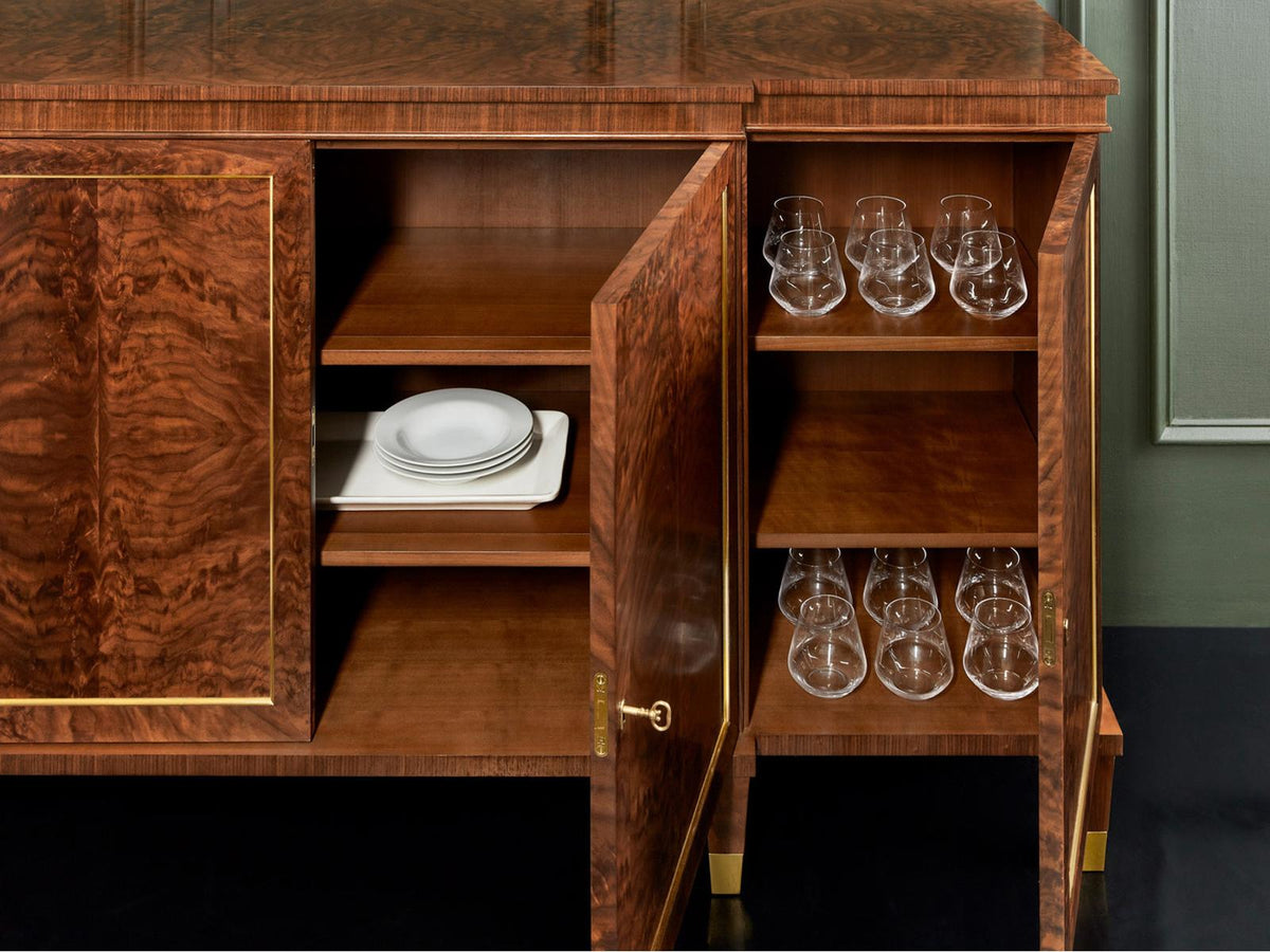 76-Inch Walnut Wood Breakfront Cabinet with Brass Accents