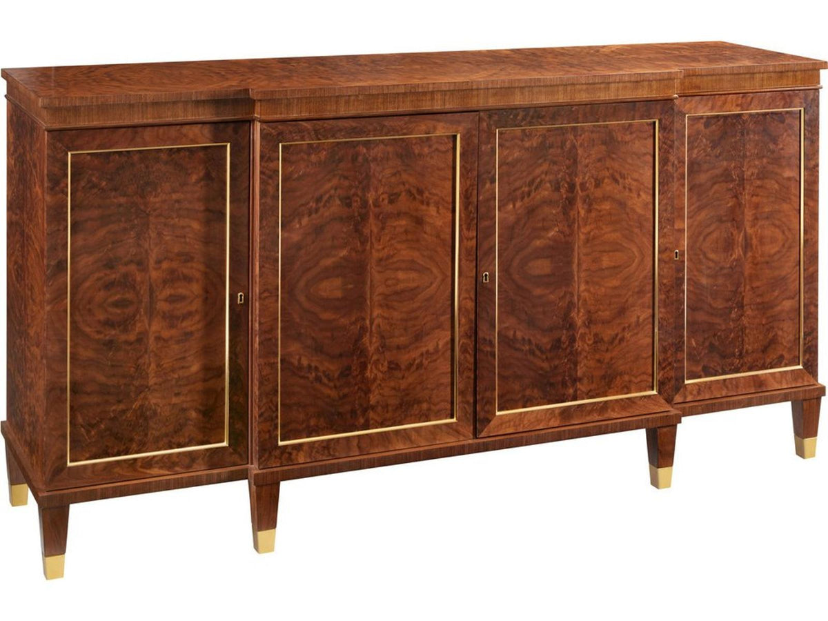 76-Inch Walnut Wood Breakfront Cabinet with Brass Accents