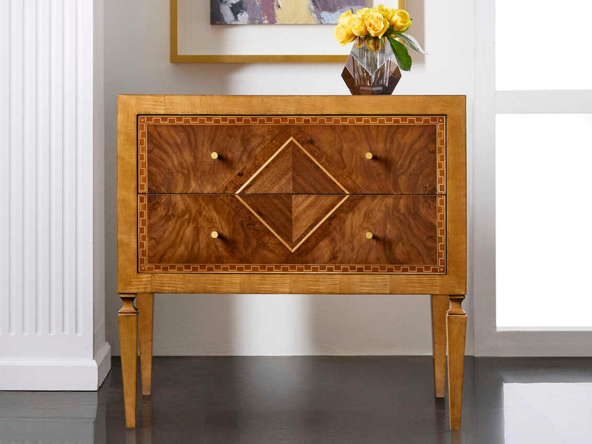 Ferrara 2-Drawer Walnut Nightstand with Brass Accents
