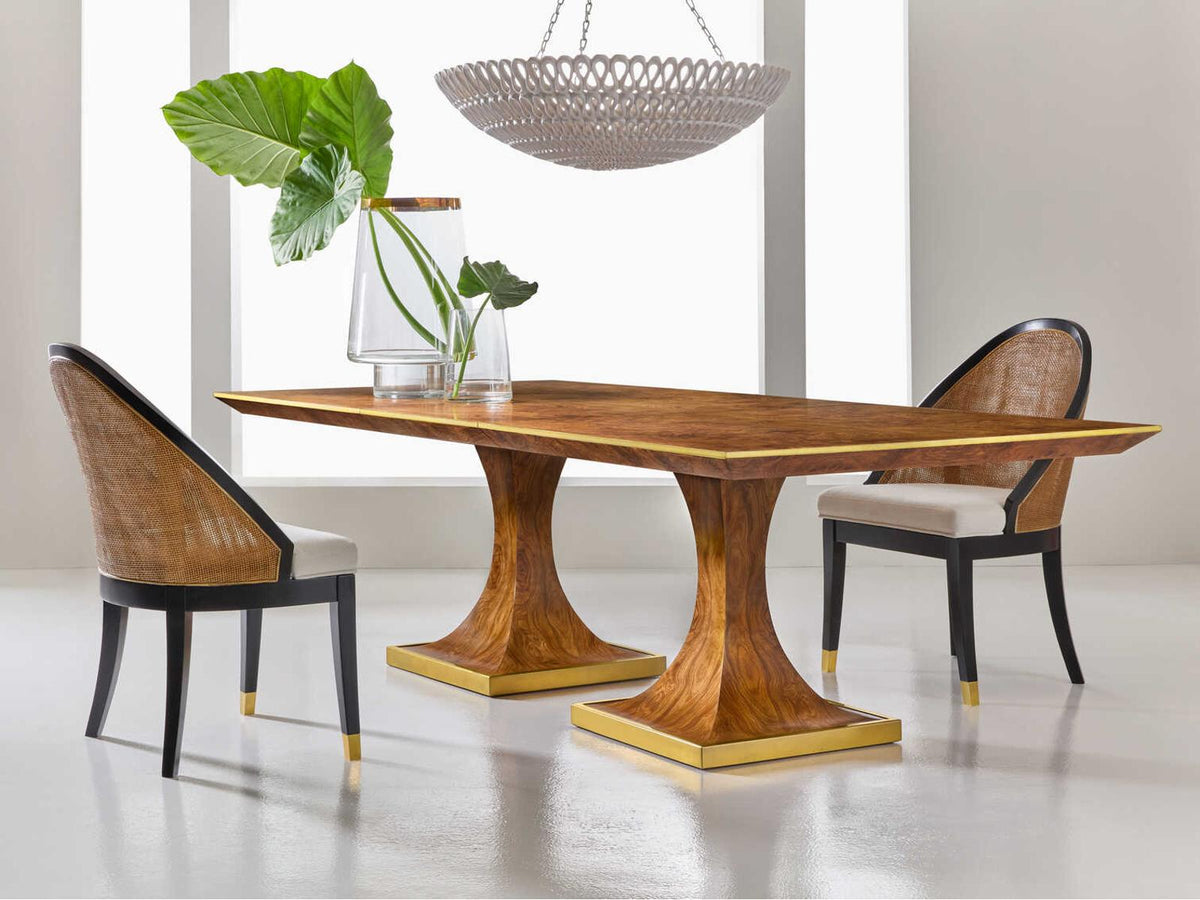 Burl Oak Rectangular Dining Table with Gold Leaf Accents and Brass Base