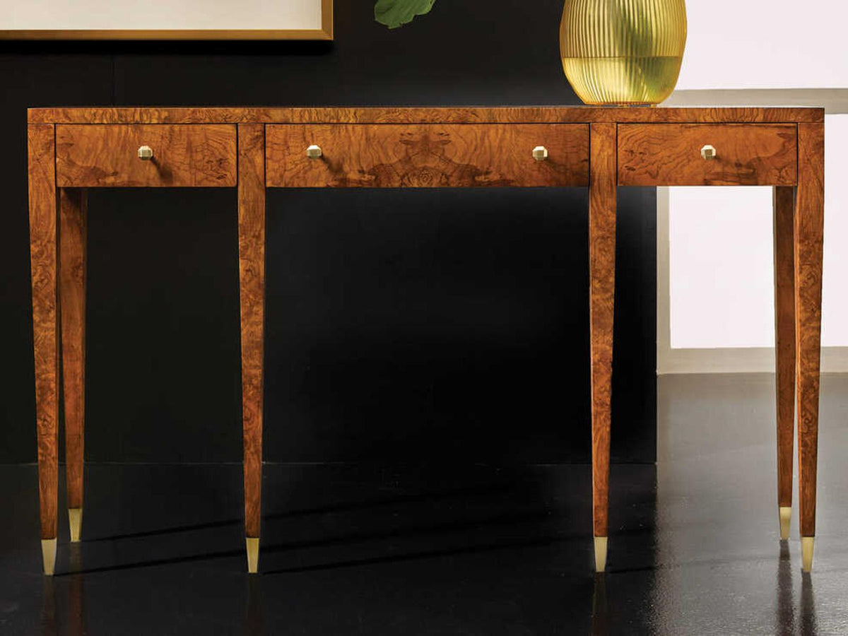 Paulo Rectangular Console Table with Oak Burl Veneer and Brass Hardware