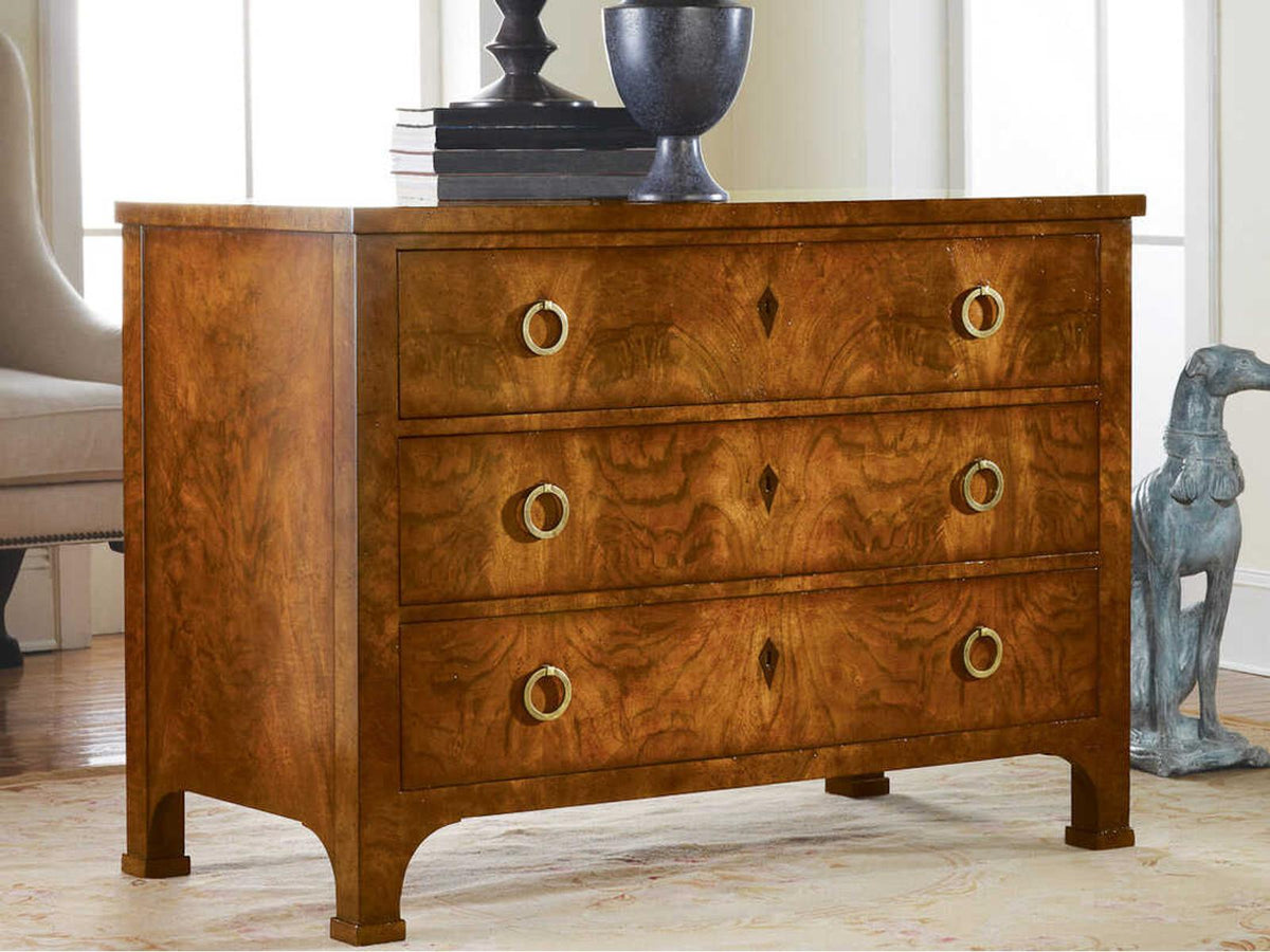 3-Drawer Walnut Commode Dresser with Brass Hardware