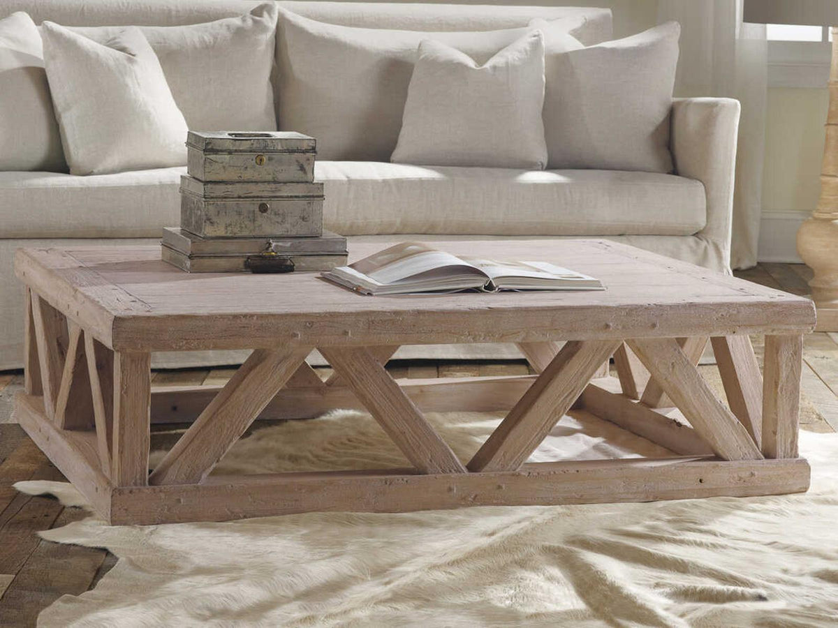 Architectural Rectangular Wood Coffee Table in Sandblasted Weathered Finish