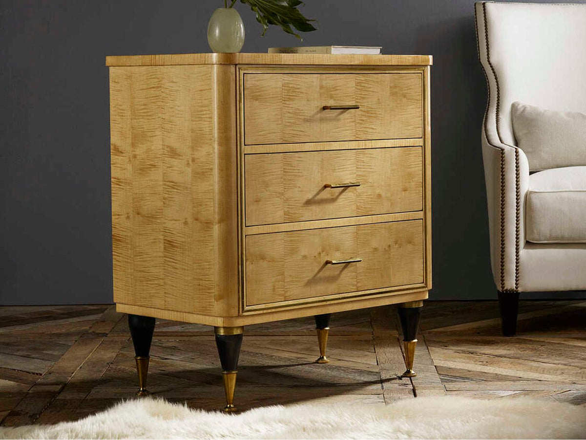 Mid-century 3-Drawer Sycamore Nightstand with Brass Detailing