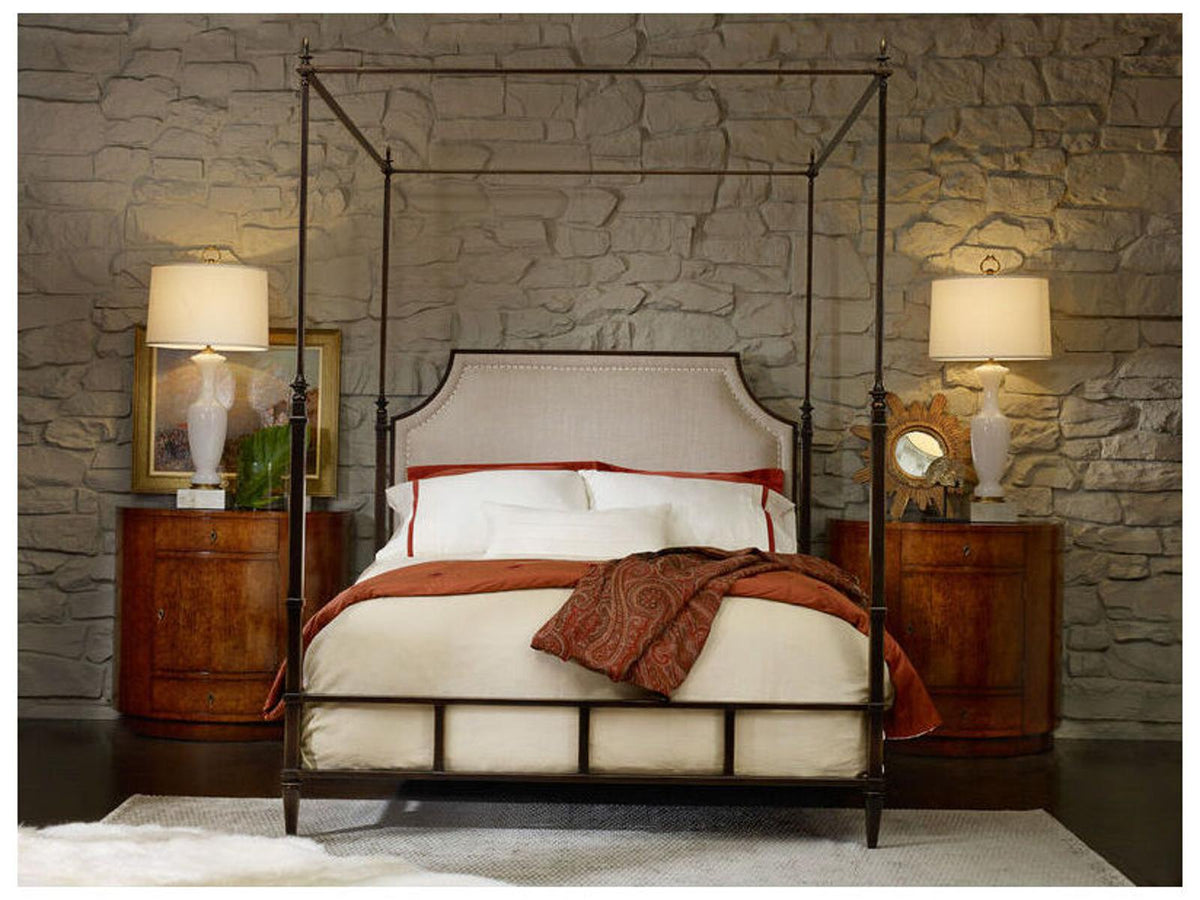 Bronze Metal Queen Canopy Bed with Neutral Linen Upholstery