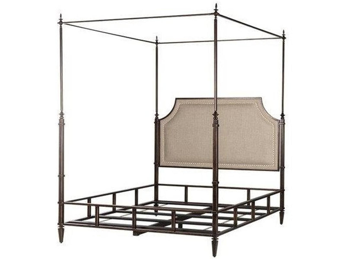 Bronze Metal King Canopy Bed with Linen Headboard
