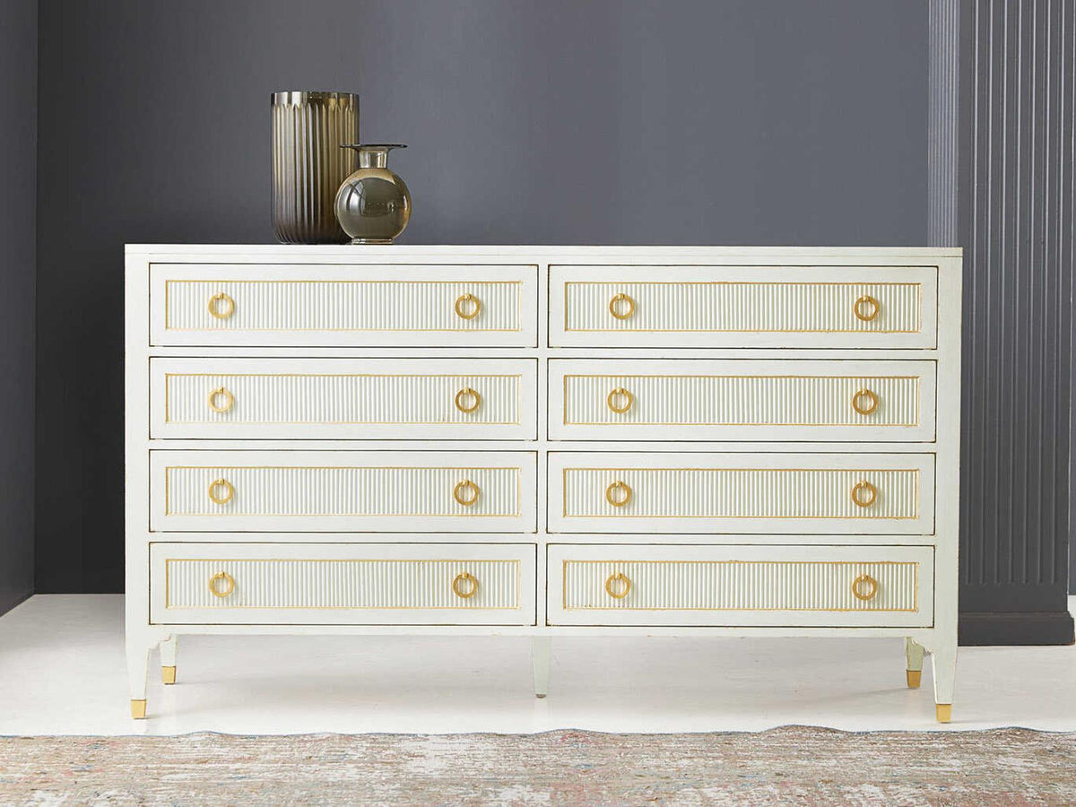 Swedish Reeded Double Dresser in Antique White with Brass Accents
