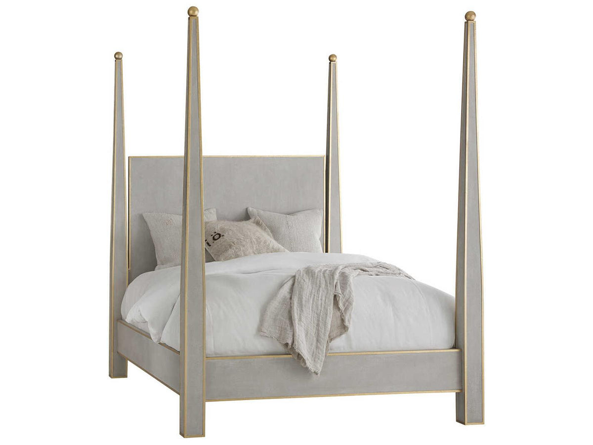 Gustavian Queen Four Poster Bed in Antique Grey with Gold Leaf Accents