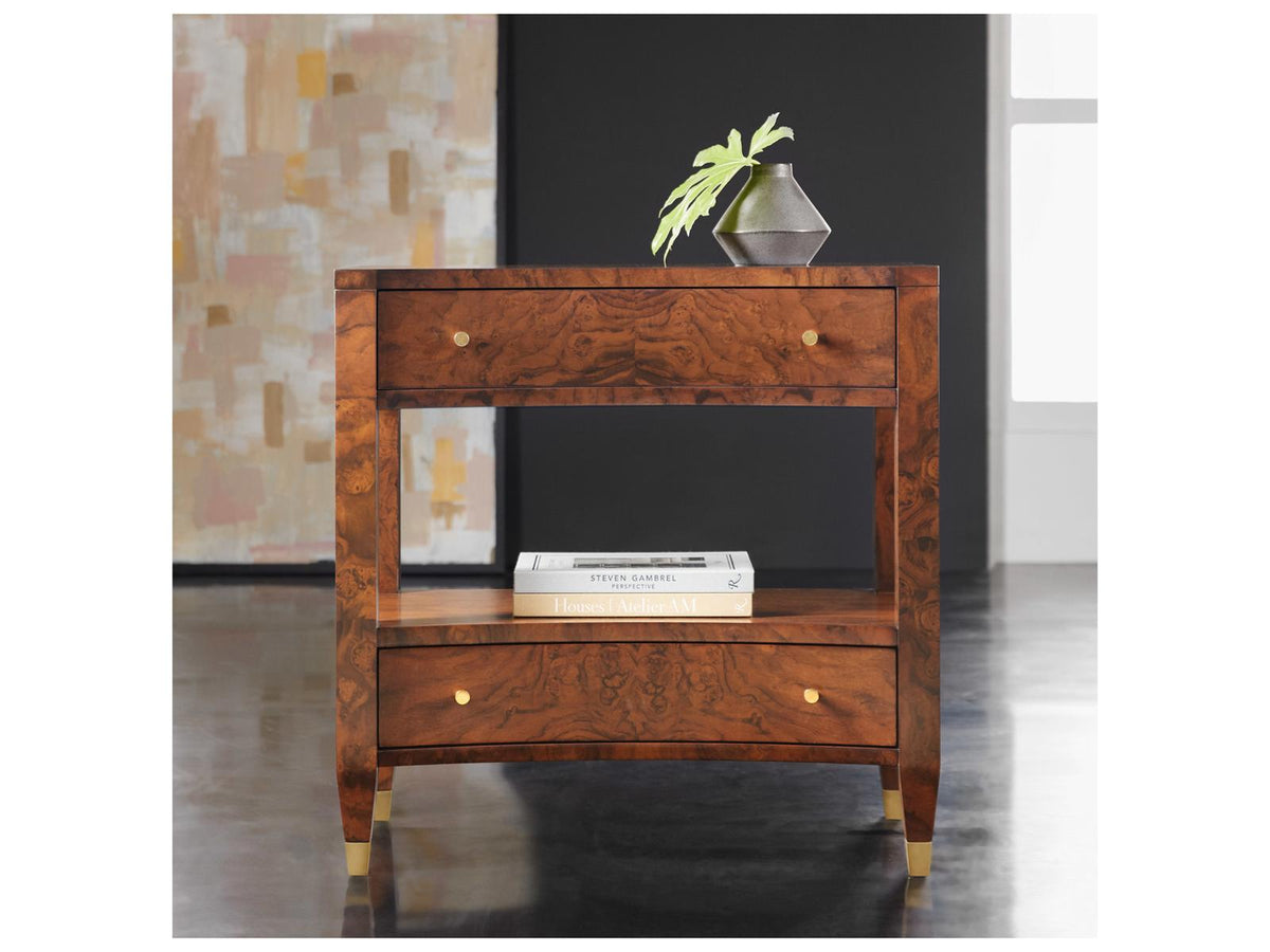 Concave 2-Drawer Nightstand in Walnut Burl with Polished Brass Knobs