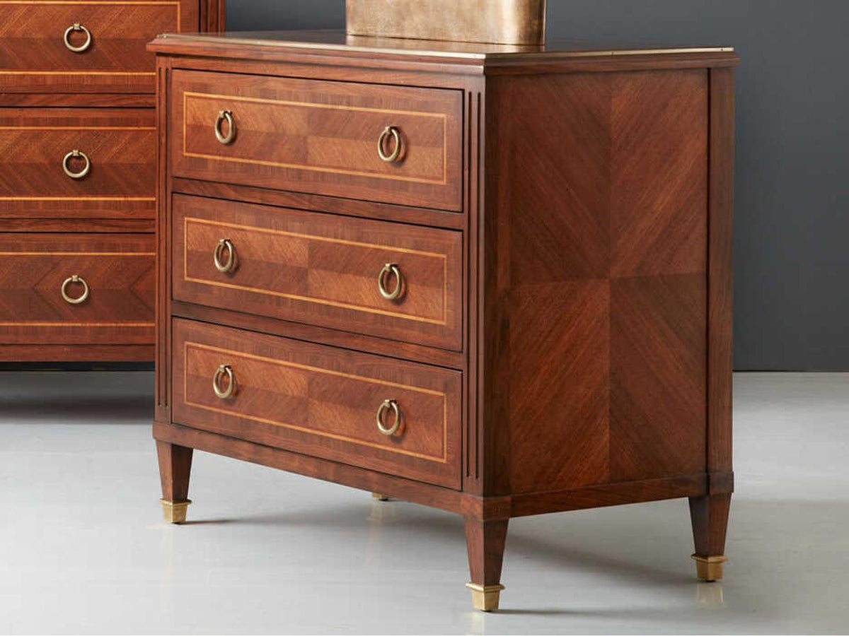 Villeneuve 3-Drawer Nightstand in Brown Oak Wood with Brass Accents