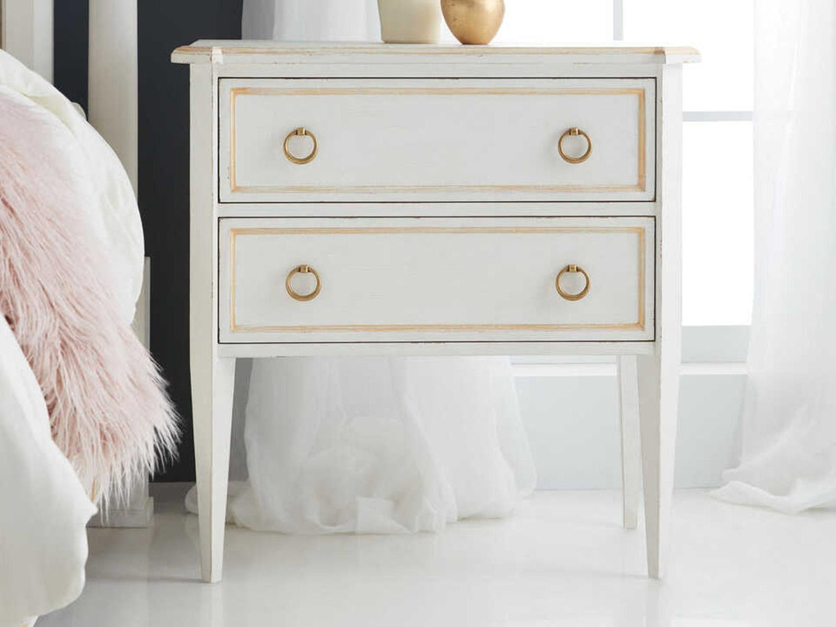 Covington 2-Drawer Nightstand in Brushed White with Gold Leaf Detailing