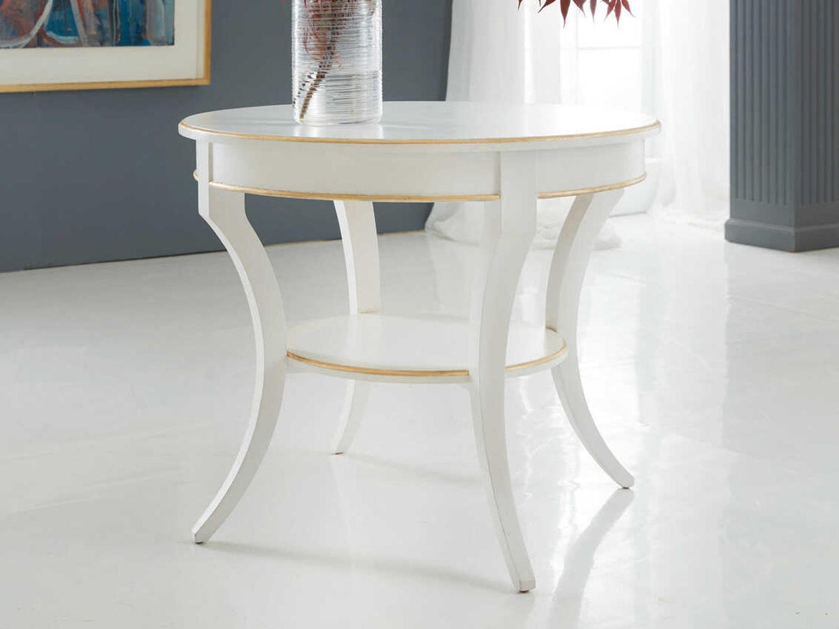 Covington Round End Table in Brushed White with Gold Leaf Detailing